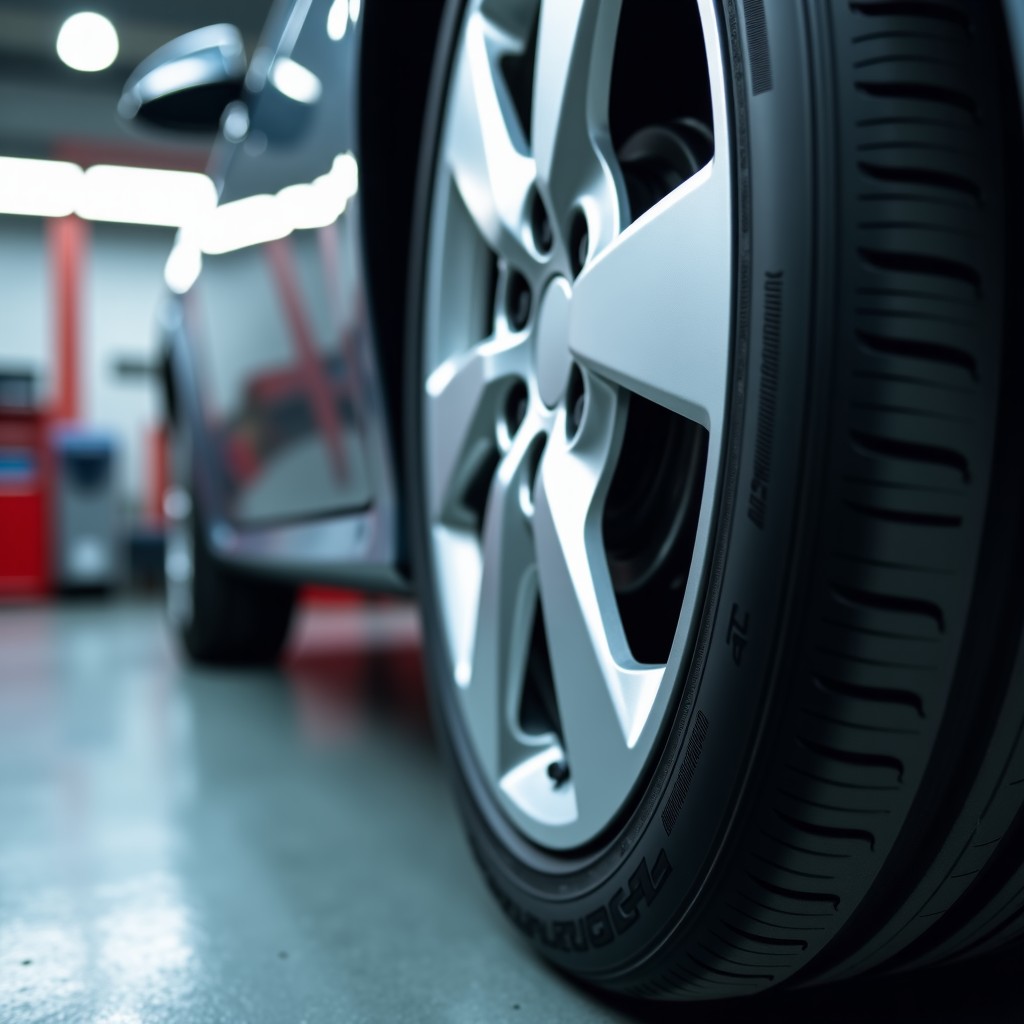 Close up of a car wheel being serviced in a professional shop, focus on the tire tread, clean background, 4:3