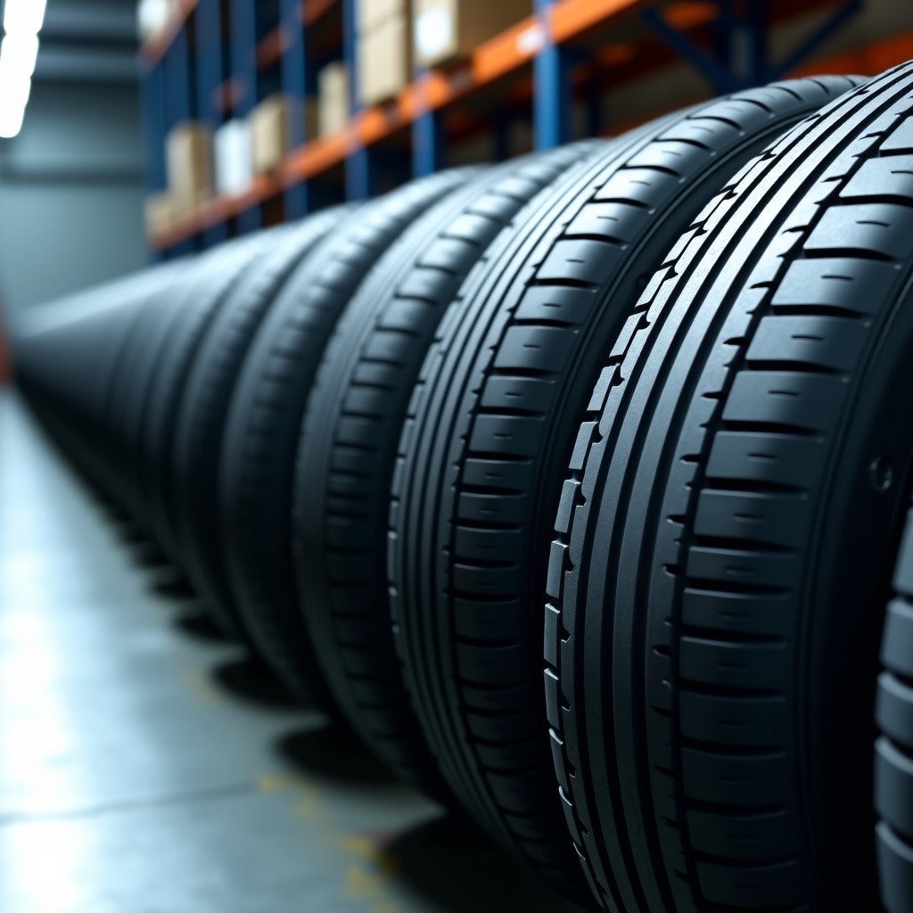 A row of brand new car tires in a warehouse, detailed tread patterns, studio lighting, industrial atmosphere, 4:3