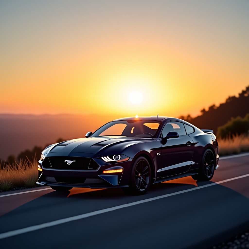 A modern car parked on a scenic road during sunset, bright and calm atmosphere, high quality photography, 4:3