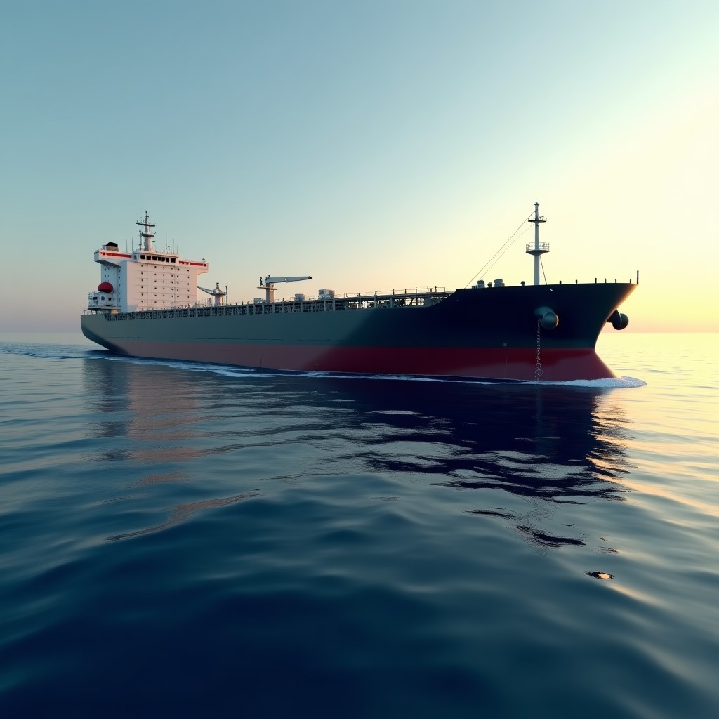 A chemical tanker ship navigating through calm waters, professional realistic photography, natural lighting, 4:3