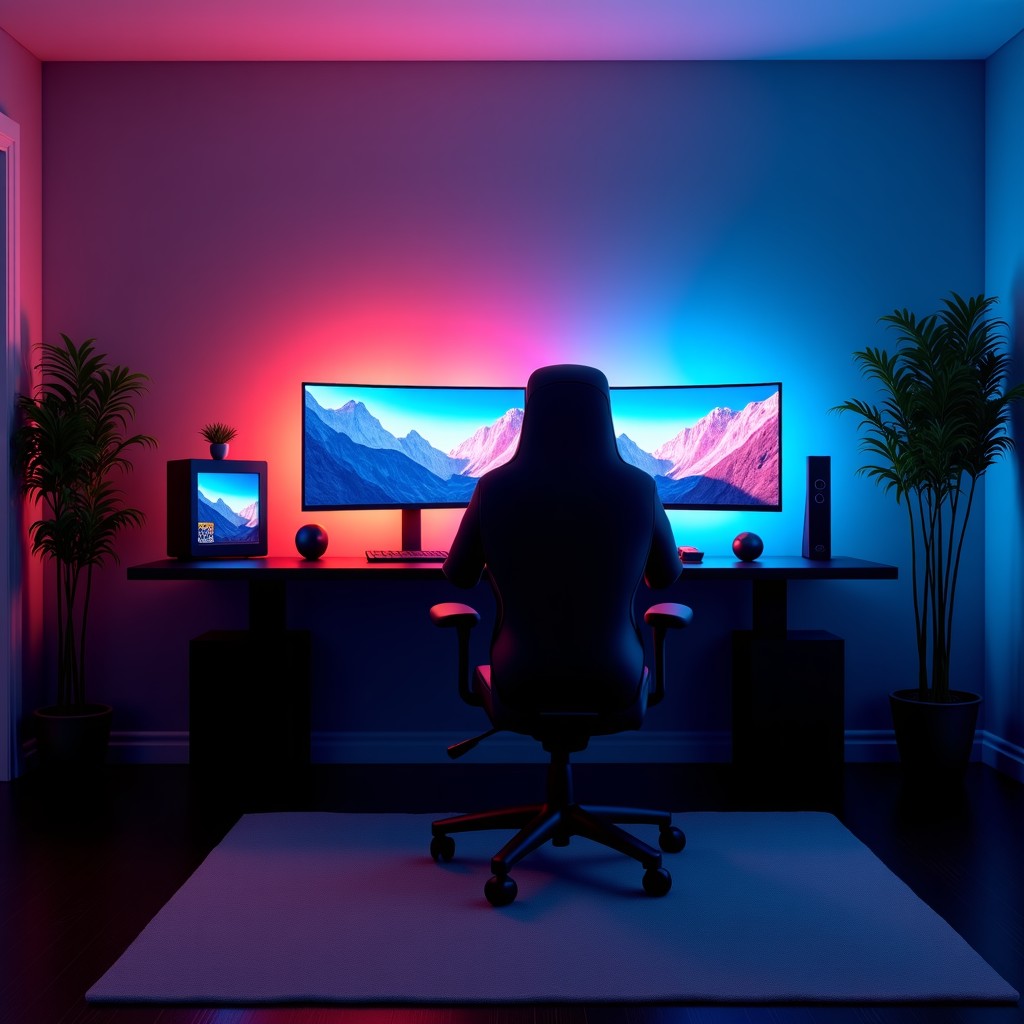 An ultra modern gaming setup in a dimly lit room, glowing lights, immersive atmosphere, 4:3
