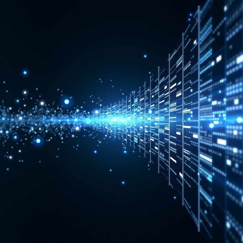 Conceptual art of digital and physical media merging, futuristic data streams, abstract, high contrast, 4:3