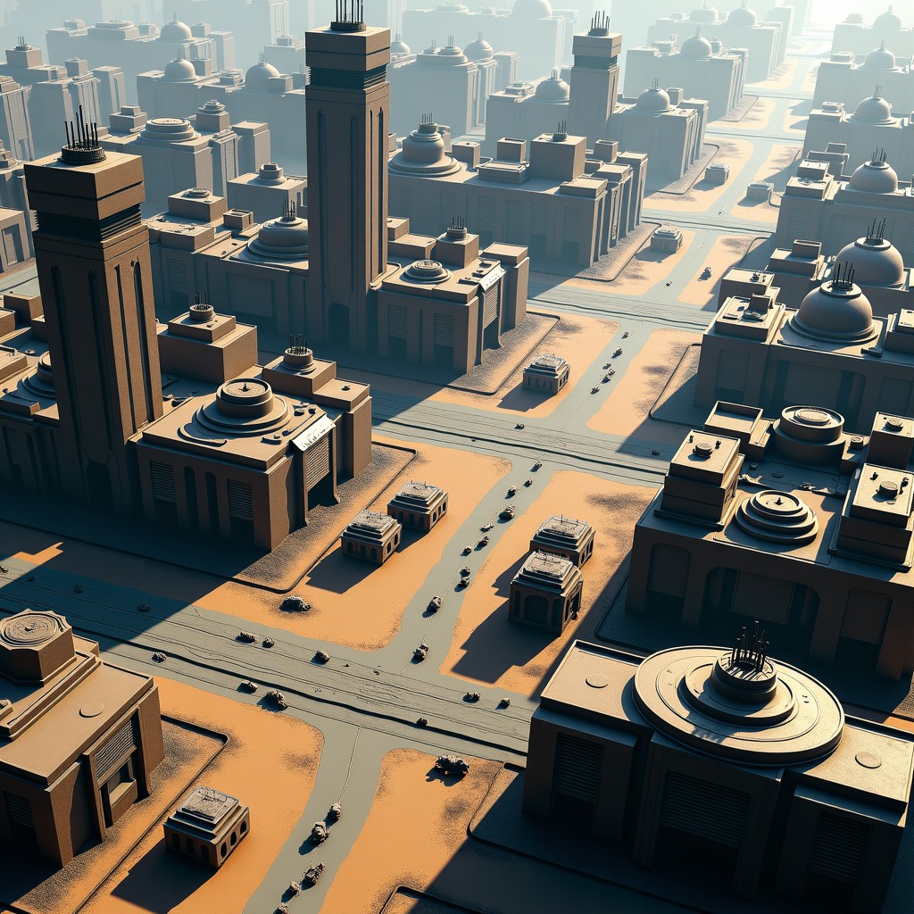 High-angle view of a strategic city-building game interface with resources and military structures, futuristic post-apocalyptic setting, 16:9 aspect ratio.