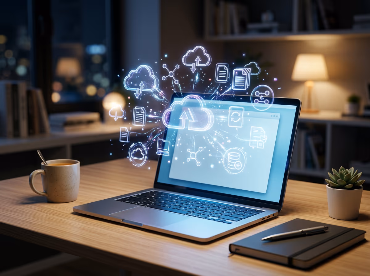 깔끔한 책상 위 노트북과 클라우드 저장소 컨셉