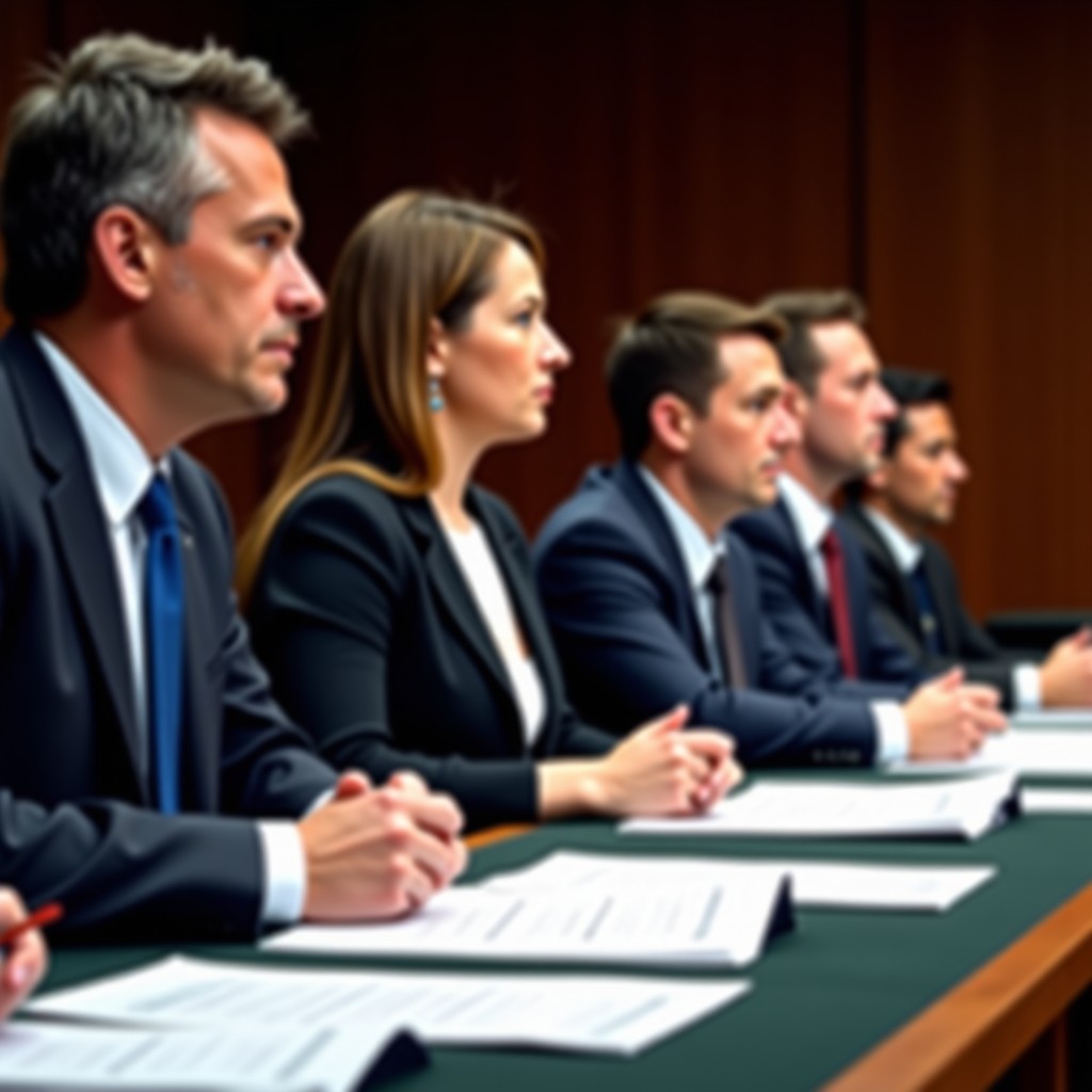 Professional judges sitting at a table with score sheets, focused expressions, broadcast studio lighting, cinematic style, 16:9 aspect ratio.