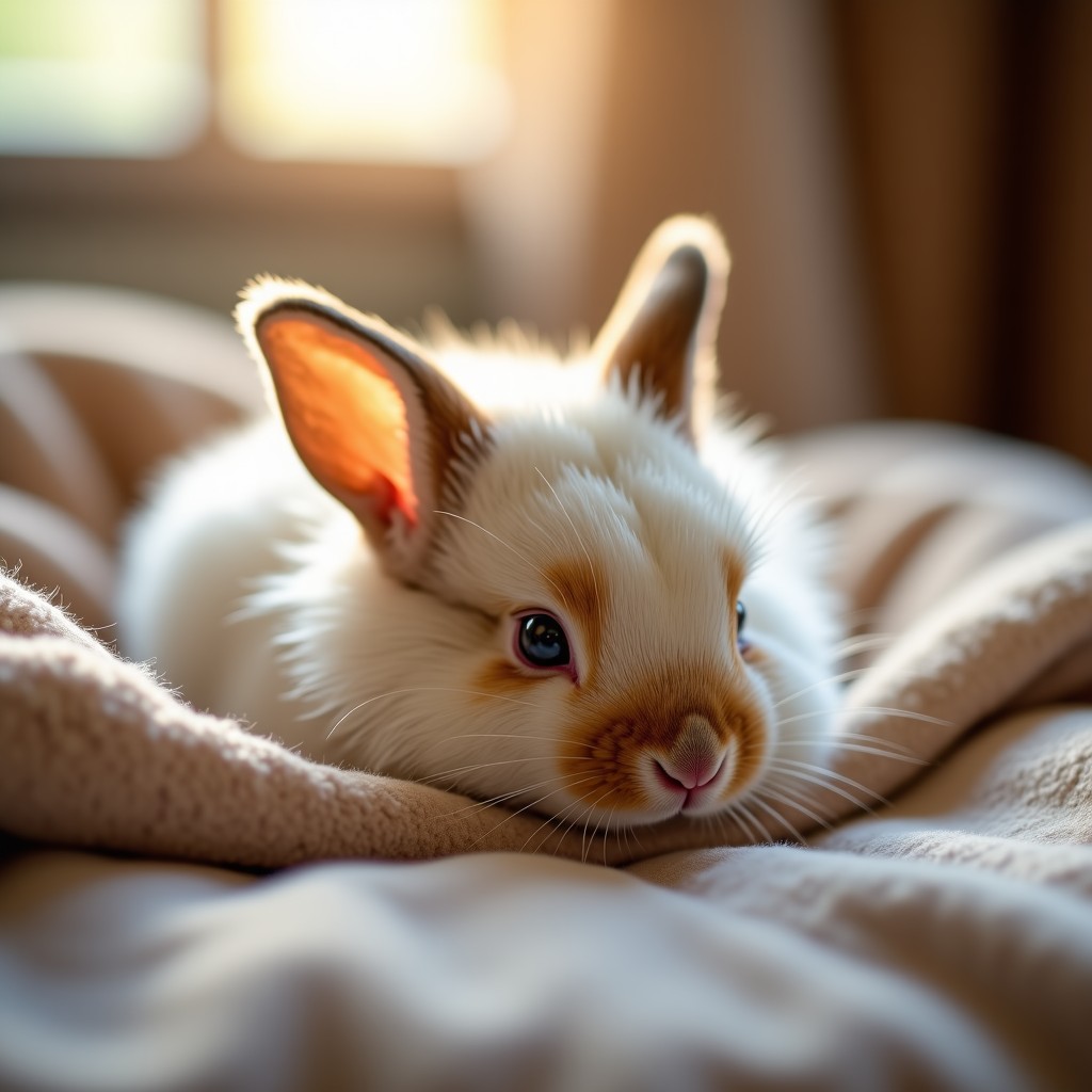 A fluffy bunny resting comfortably on a soft blanket, indoor lighting, warm and cozy atmosphere, high resolution, 4:3 aspect ratio.