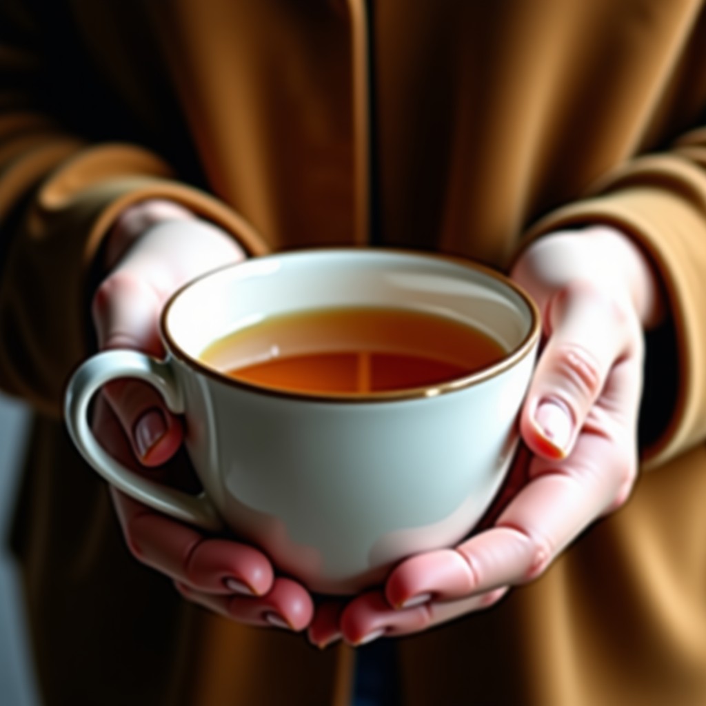 A person holding a ceramic mug with warm tea, cozy atmosphere, close up, shallow depth of field, natural lighting, 1:1