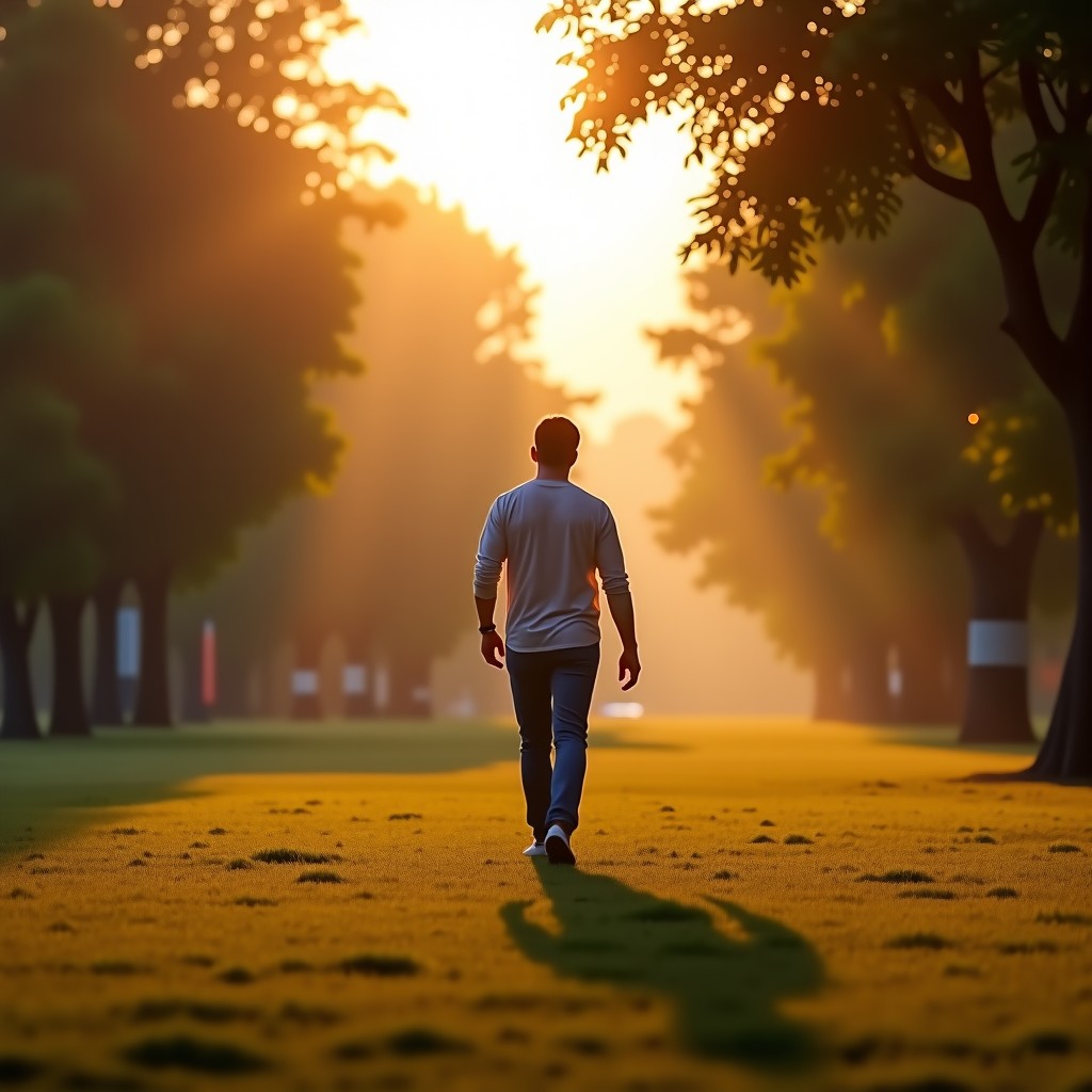 A person walking slowly in a park, soft afternoon sun rays, peaceful mood, high quality photography, cinematic lighting, 4:3