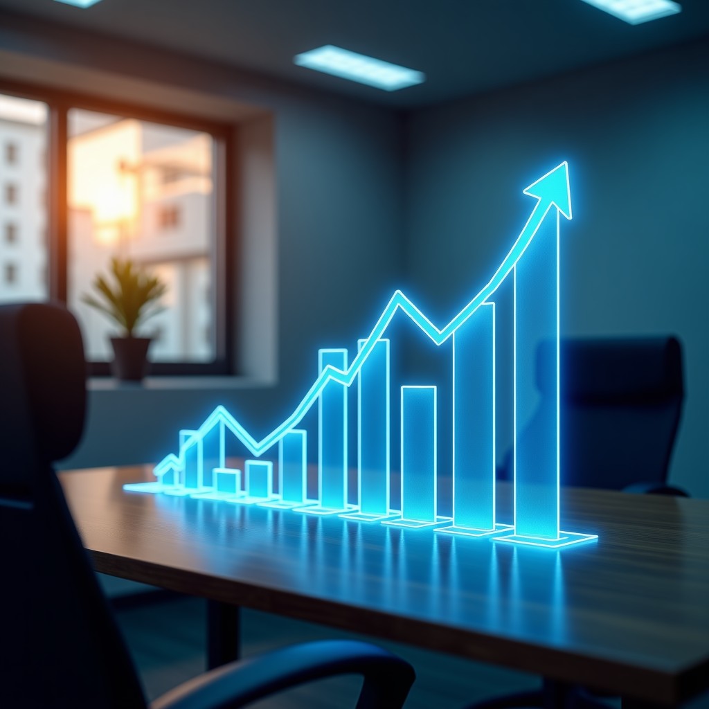 A professional office environment with graphs and financial projections showing steady upward growth, cinematic lighting, 4:3 aspect ratio