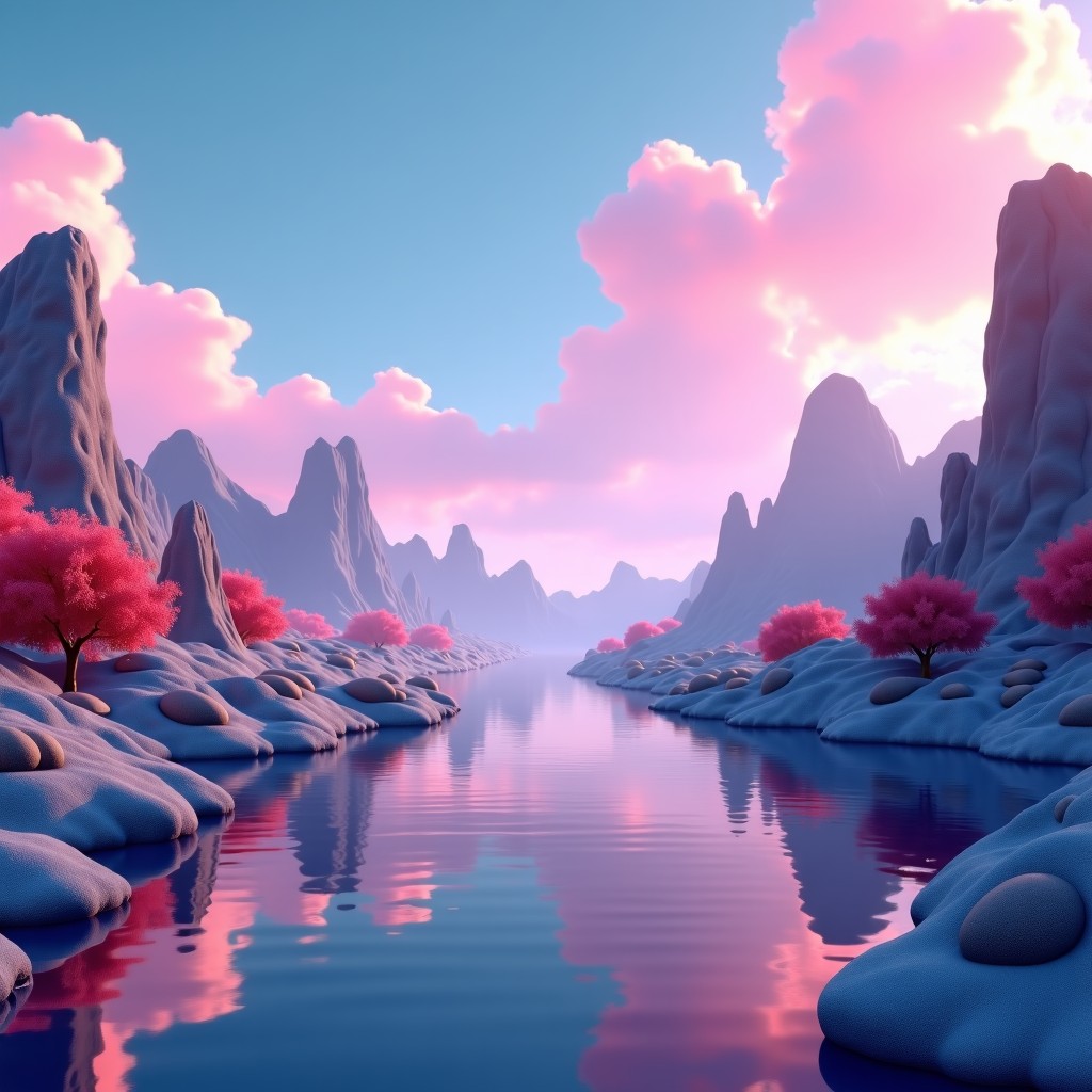 A futuristic digital landscape showing a blend of traditional 3D rendering and modern AI generated aesthetic, cinematic lighting, wide angle, 4:3