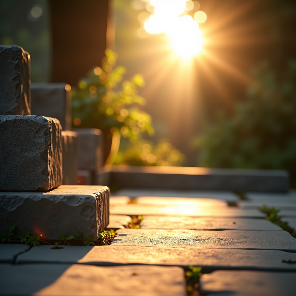 A quiet and reflective memorial setting with warm natural sunlight casting soft shadows, atmosphere of peace and remembrance, high quality photography, 4:3