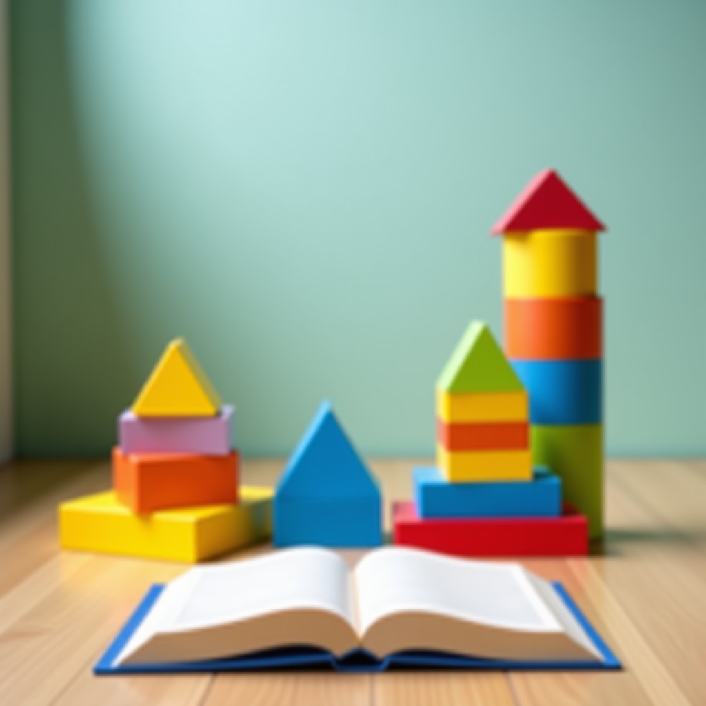 Abstract representation of a childs learning environment, colorful building blocks and a book, soft natural lighting, high quality photography, 1:1.