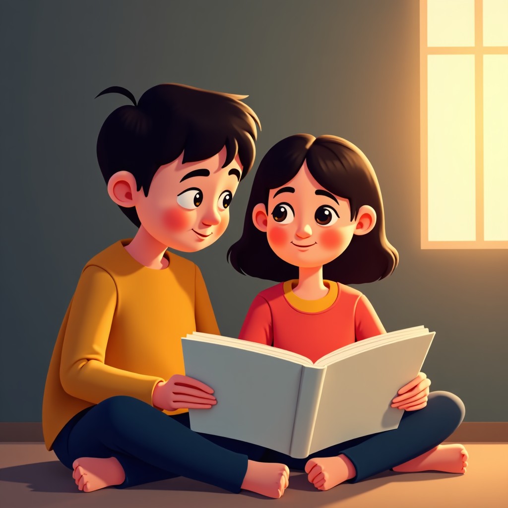 A parent and a child sitting together looking at a paper book and talking, warm indoor lighting, realistic, 4:3.
