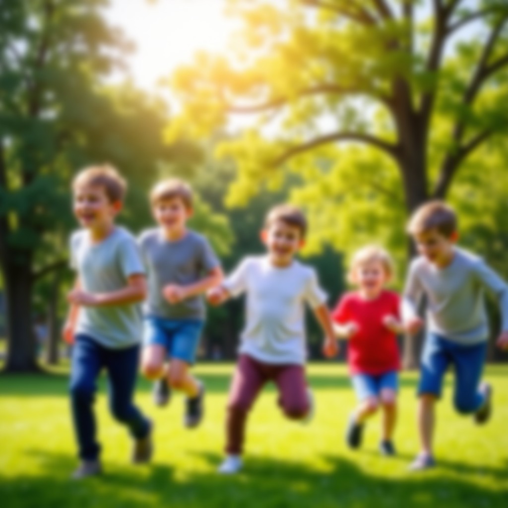 A group of children playing in a park, blurred background, natural sunlight, vibrant and energetic atmosphere, realistic style, 16:9.