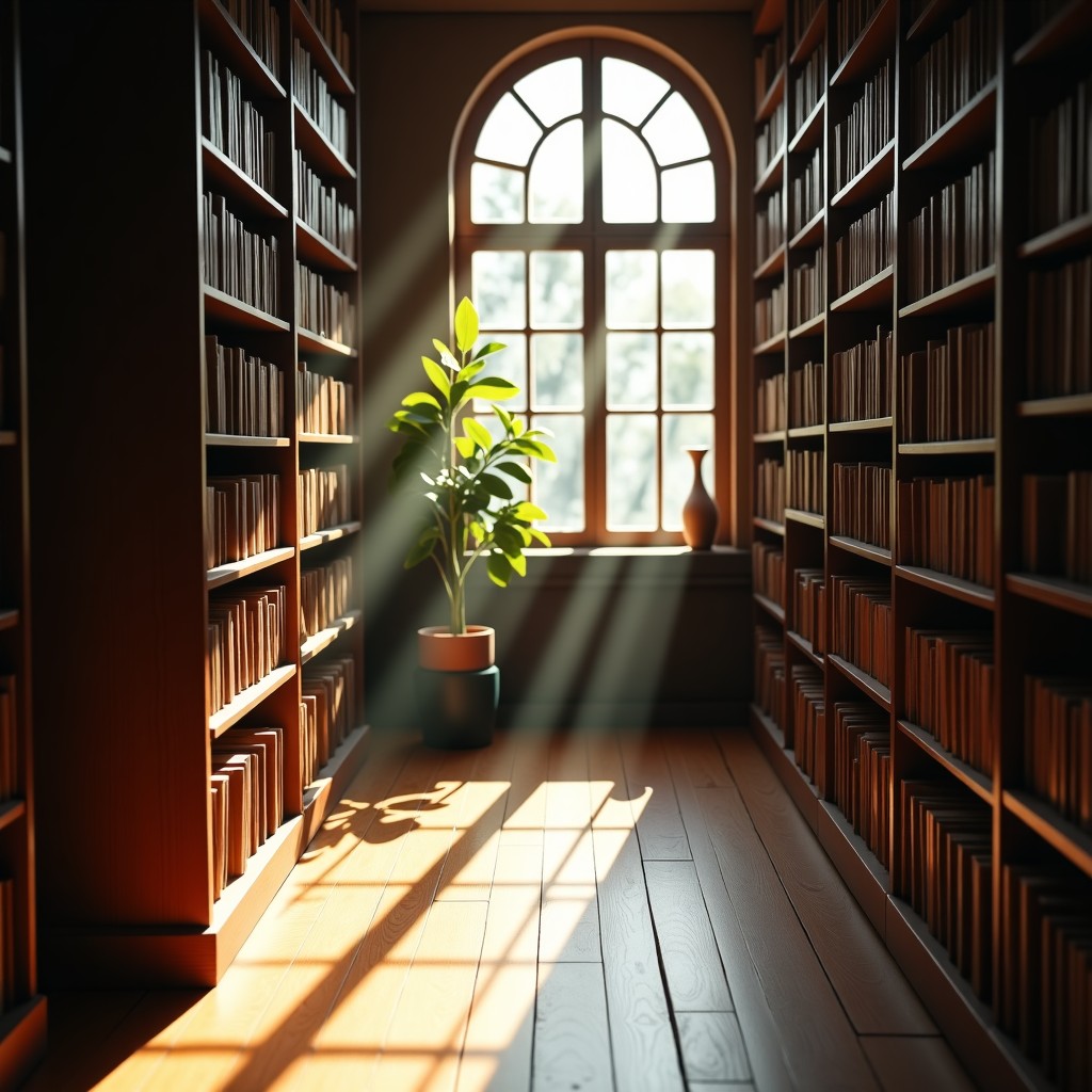 An aesthetic interior of a vintage bookstore with shelves and sunlight filtering through, wooden textures, peaceful atmosphere, cinematic photography style, 4:3 aspect ratio.