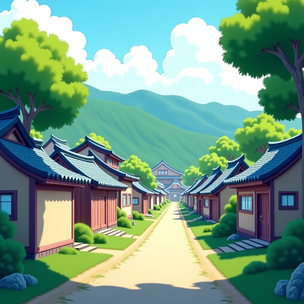 A scenic view of a quiet Korean village with traditional houses, green nature and path, soft natural lighting, peaceful and nostalgic, 4:3 aspect ratio.