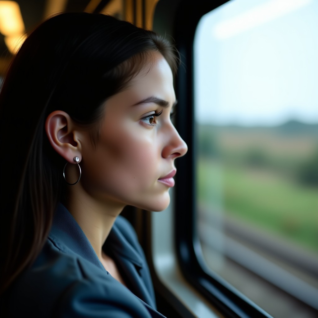 A close up shot of a person looking out of a train window, thoughtful expression, soft focus, depth of field, high quality, realistic photography, 4:3 aspect ratio.