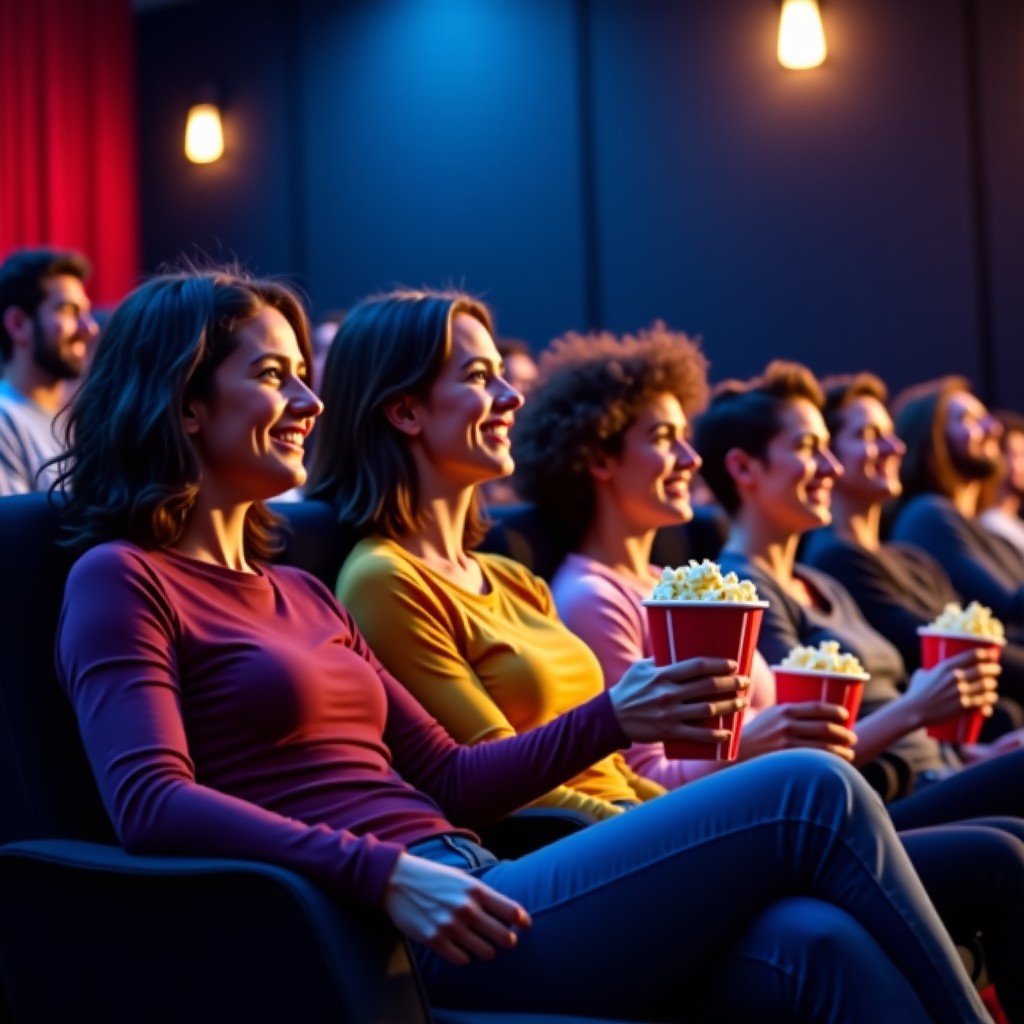 A group of diverse people waiting in a comfortable, dimly lit movie theater lobby, holding popcorn, realistic photography, 4:3 ratio.