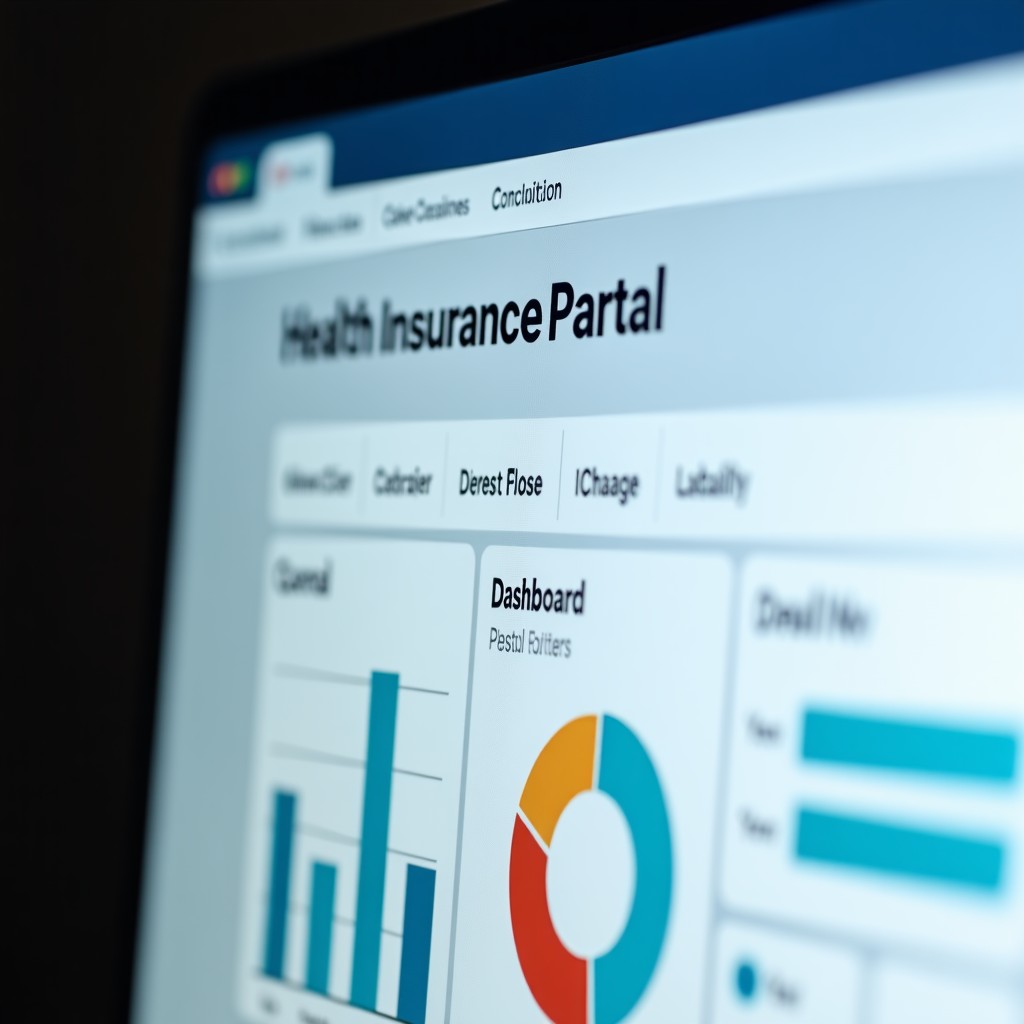 Close up of a computer screen showing a professional health insurance web portal dashboard with clean charts and forms, no text, modern UI, high quality, 4:3 aspect ratio.