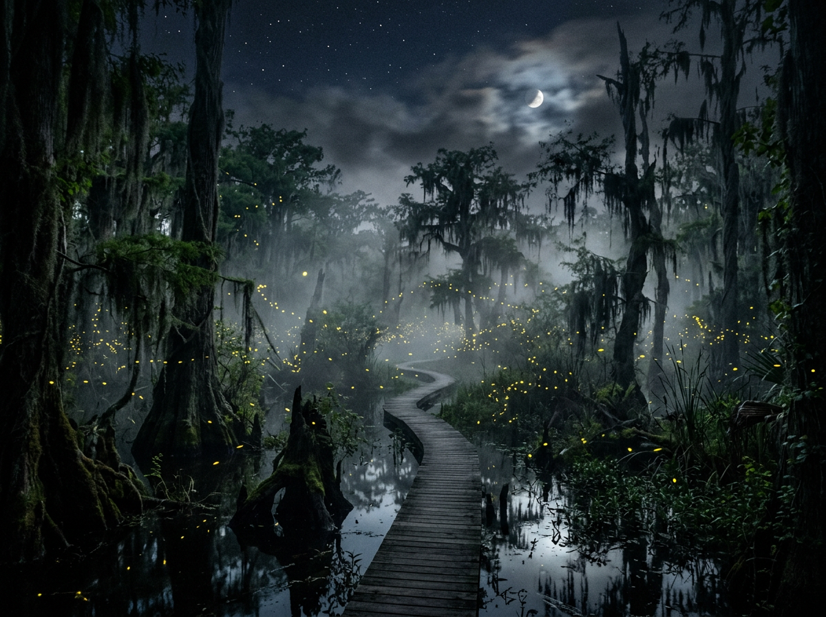늪지대 배경의 미스터리한 분위기