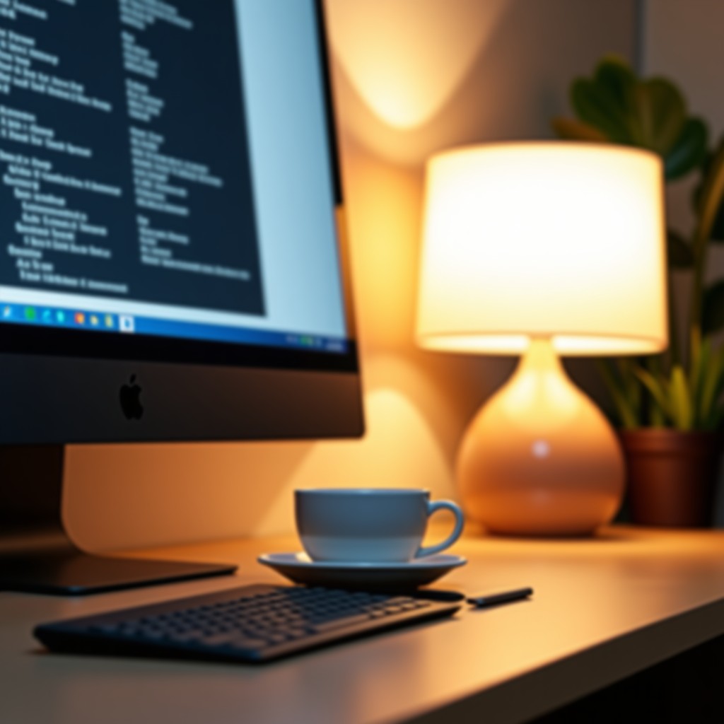 A well-organized modern office workspace with a minimalist design, a cup of coffee on the desk, warm ambient lighting, 4:3 aspect ratio.