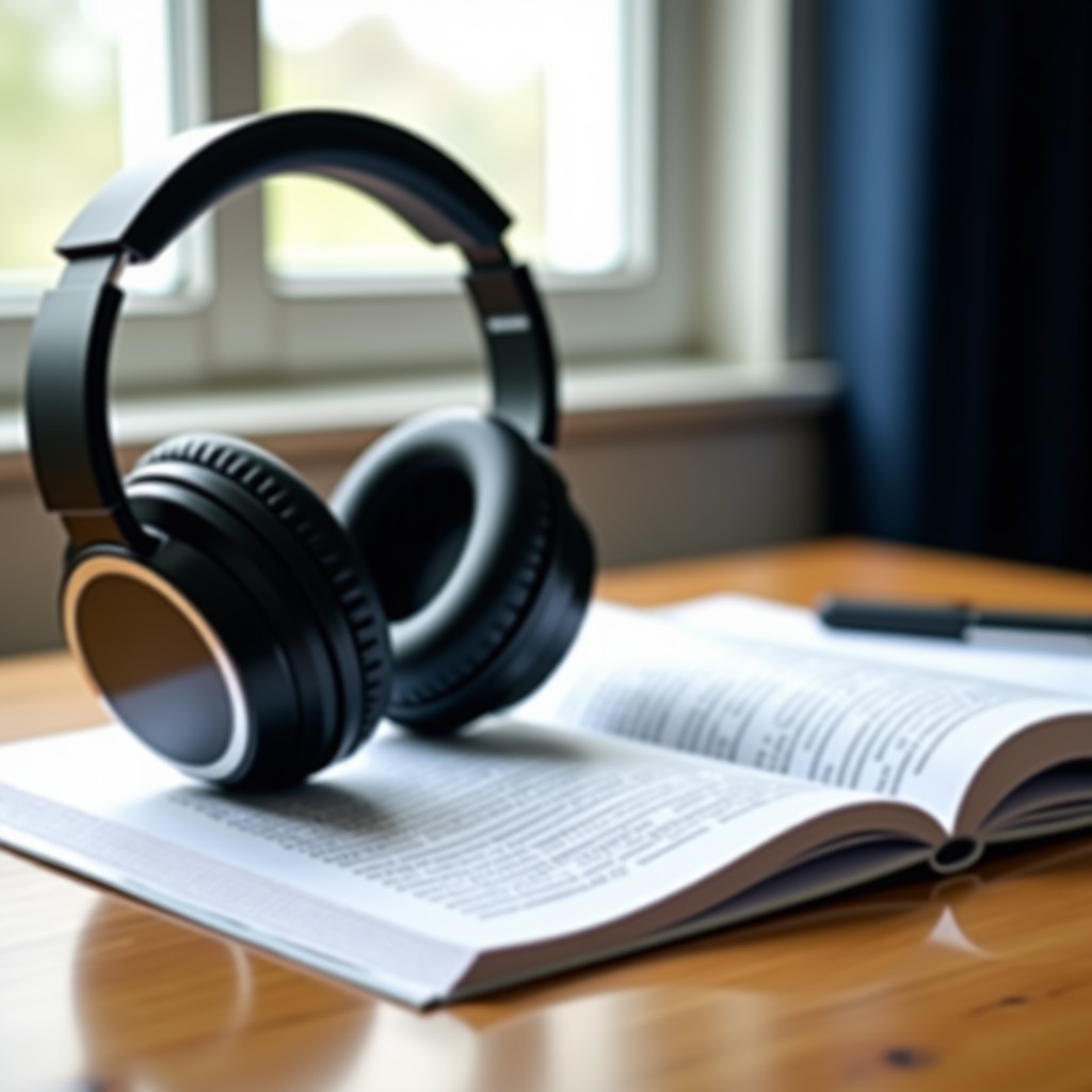 Modern headphones on a desk next to an open book, concept of listening practice for exams, clean and organized workspace, high resolution, 4:3