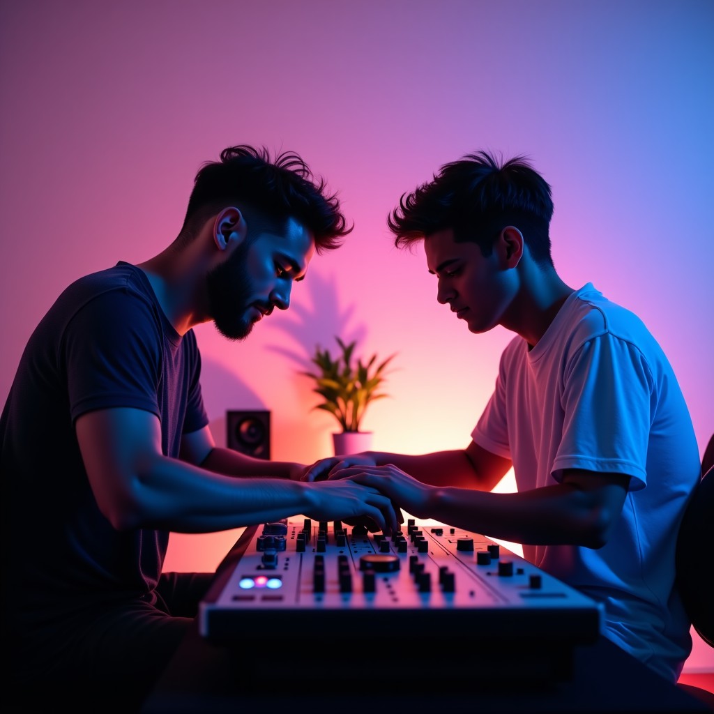 Two young male musicians collaborating in a creative studio, focused on electronic music production, soft ambient lighting, modern aesthetic, 4:3
