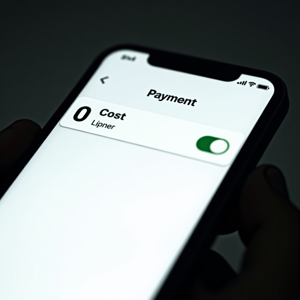 A close up of a digital payment screen on a smartphone showing 0 cost option selected, clean UI, high contrast, 4:3 ratio.