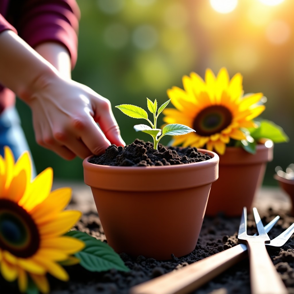 Close-up of hands planting sunflower seeds in a ceramic pot with fresh soil, gardening tools nearby, warm sunlight, shallow depth of field, 4:3