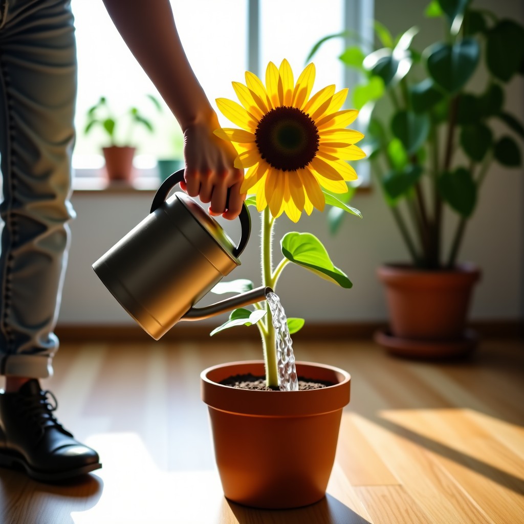 A person watering a young sunflower plant in a home garden setting, soft natural lighting, wooden floor background, clean lifestyle photography, 4:3