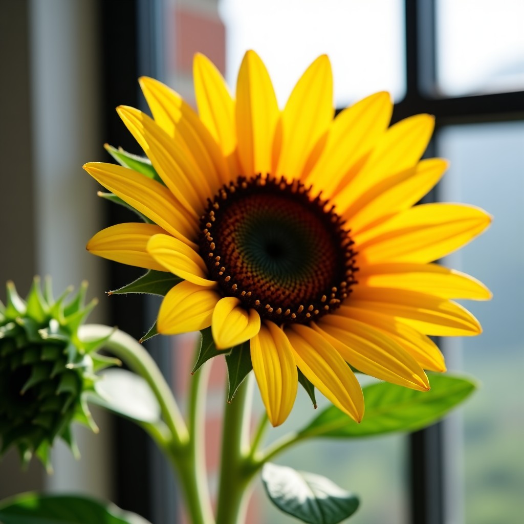 A detailed shot of a blooming sunflower in a bright sunny room, vivid yellow petals, green leaves, interior plant decor, high resolution, 4:3