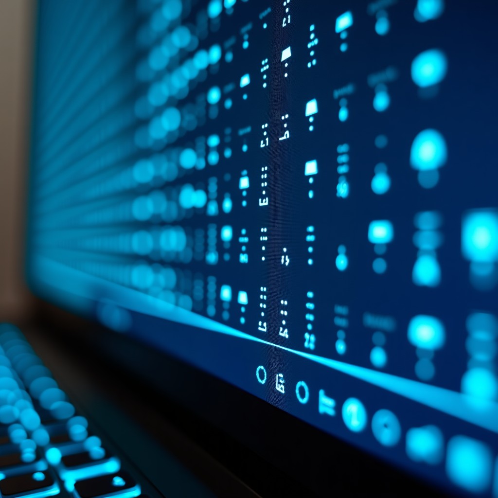 Close up of a computer screen showing complex software interface with protective digital grid patterns, clean professional look, 4:3