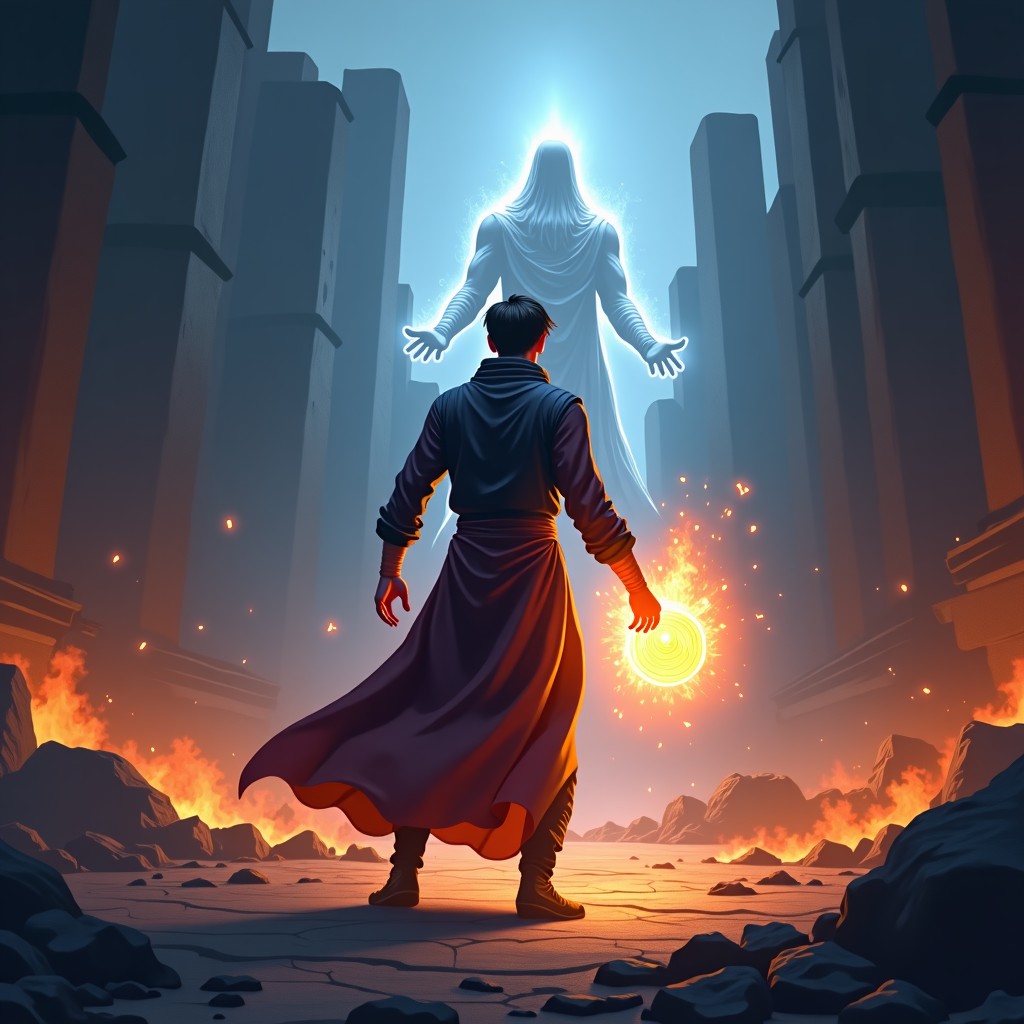 Intense battle scene in a ruined city, male sorcerer with glowing energy, spiritual entity behind him, dynamic lighting, 4:3