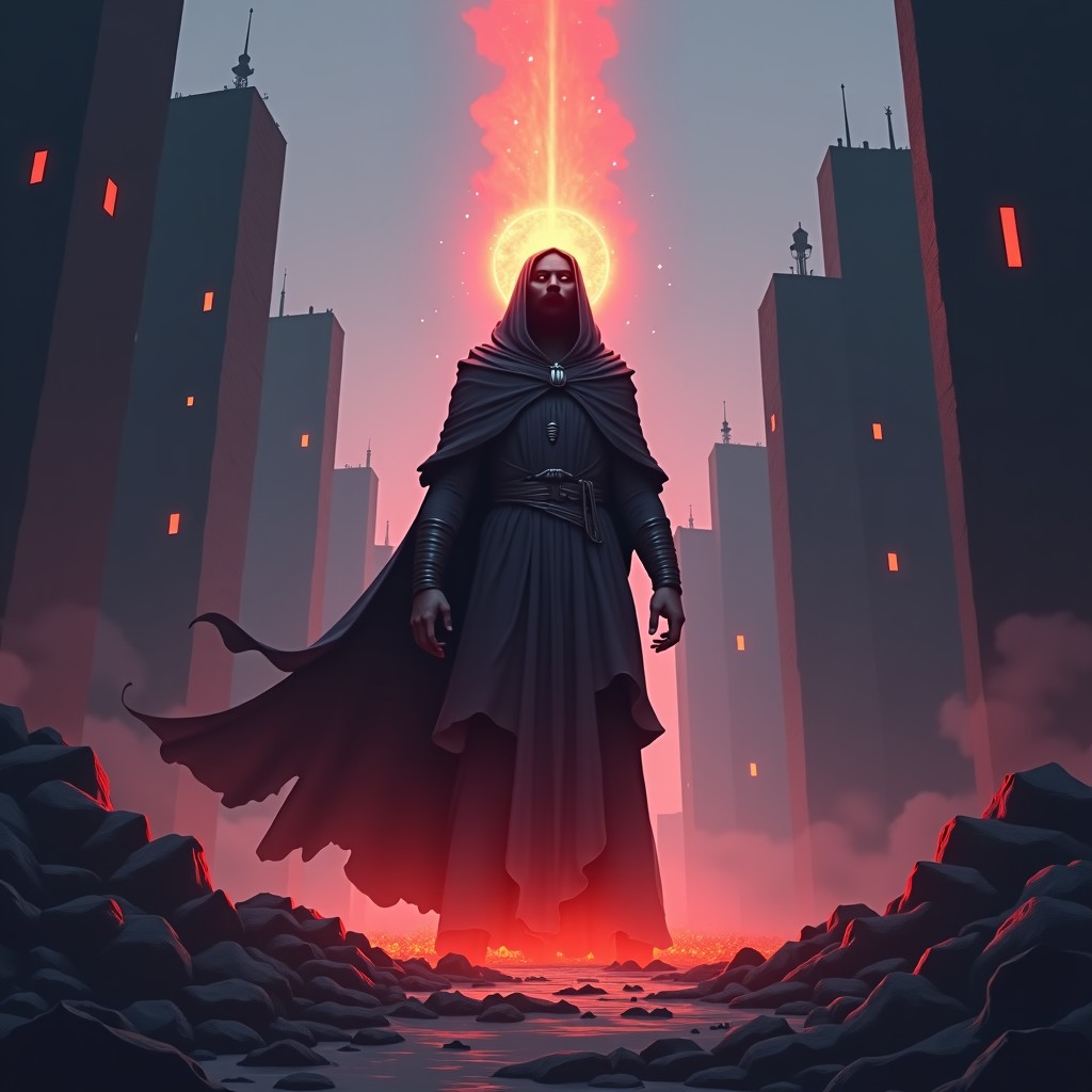 A powerful ancient sorcerer standing amidst destroyed buildings, terrifying aura, sharp lines, dark fantasy style, 4:3