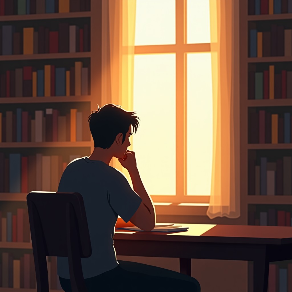 A person sitting in a quiet, sunlit library looking out the window with a thoughtful expression, warm natural lighting, cozy atmosphere, realistic style, 4:3