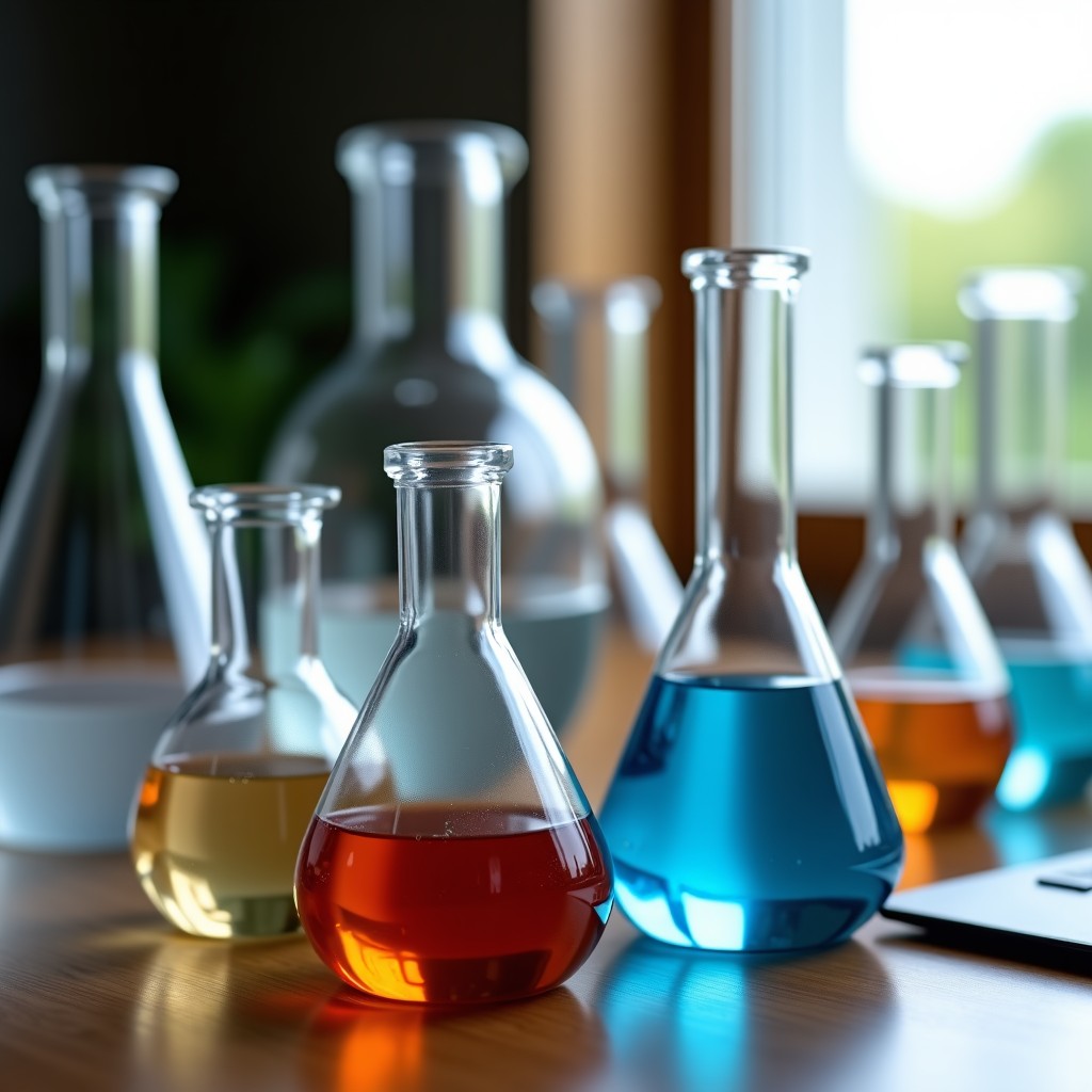 Close up of glass beakers and scientific instruments on a wooden table, soft focus background, clean composition, artistic and conceptual, 4:3