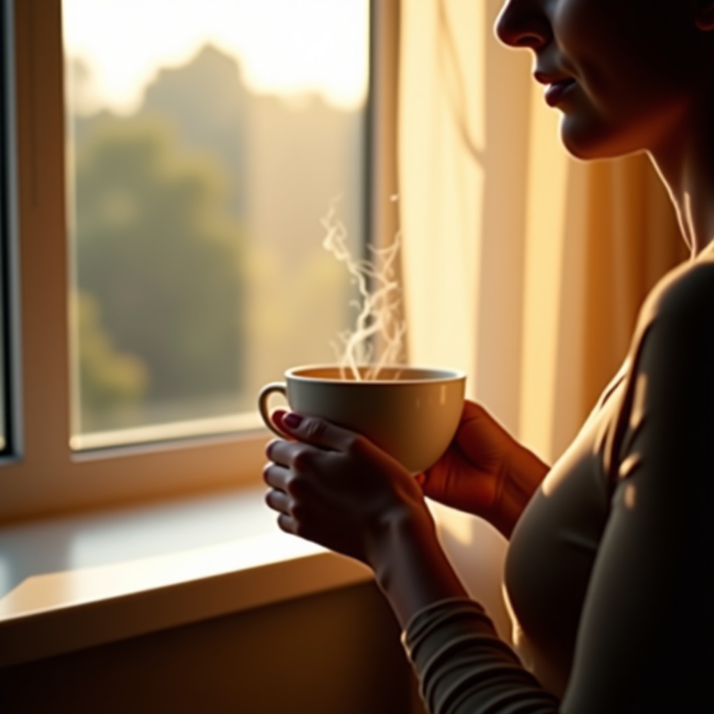 A person holding a warm cup of tea near a window during late afternoon, soft sunlight streaming in, lifestyle photography, peaceful mood, 4:3