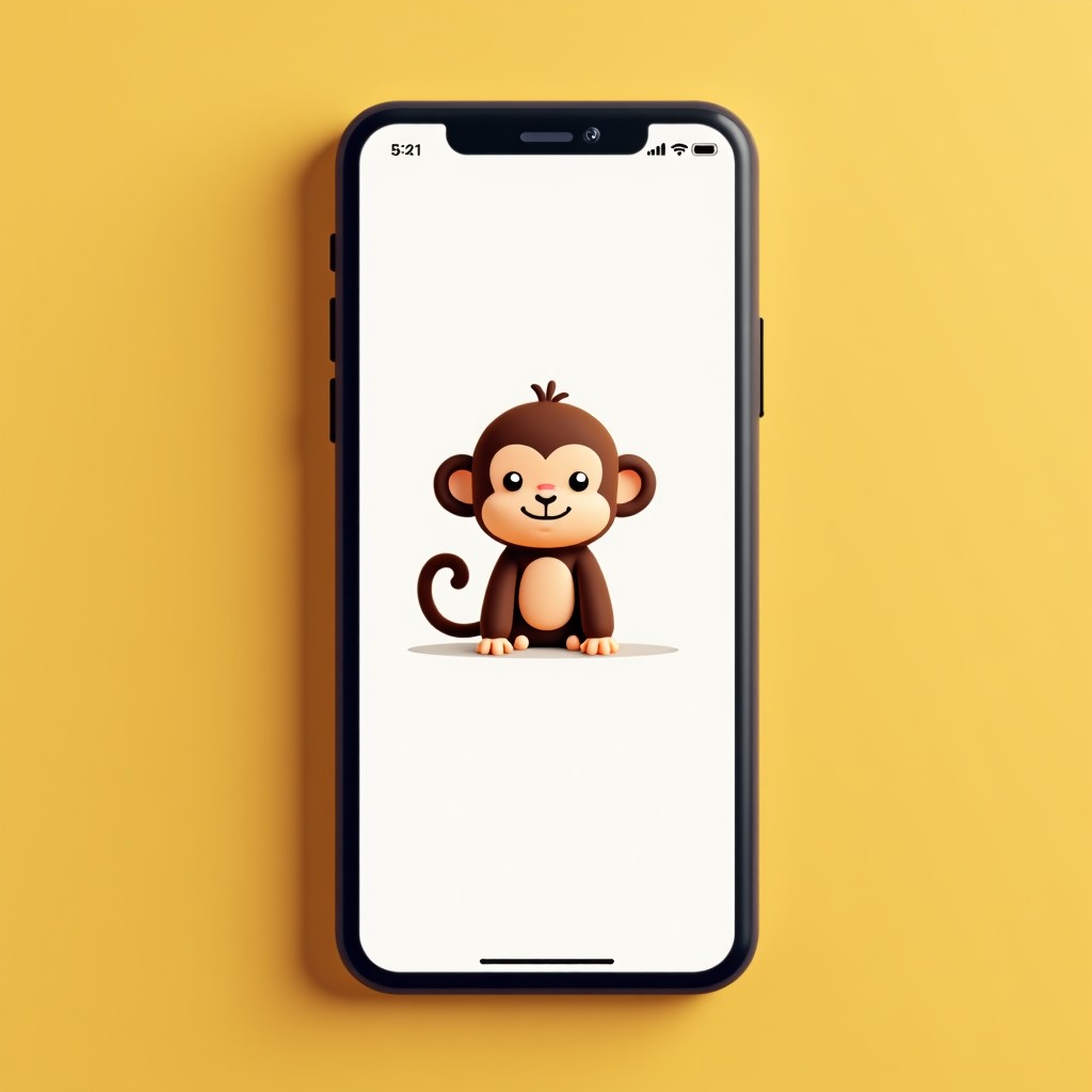 Smartphone screen showing a notification alert with a small cute monkey character icon, professional UI design, minimalist and cozy, 1:1