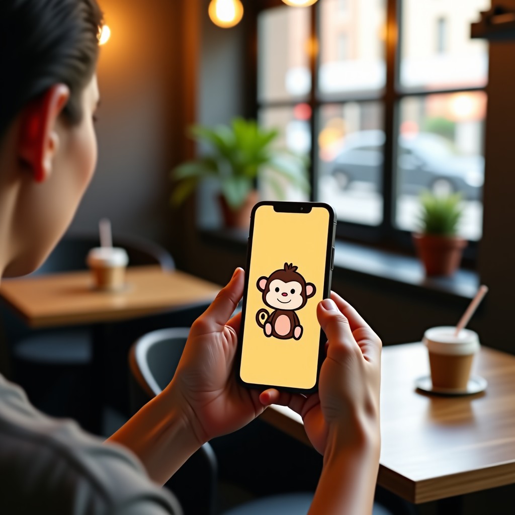 A person holding a smartphone with a cute monkey theme in a cozy cafe, soft natural morning light, realistic photography, 4:3