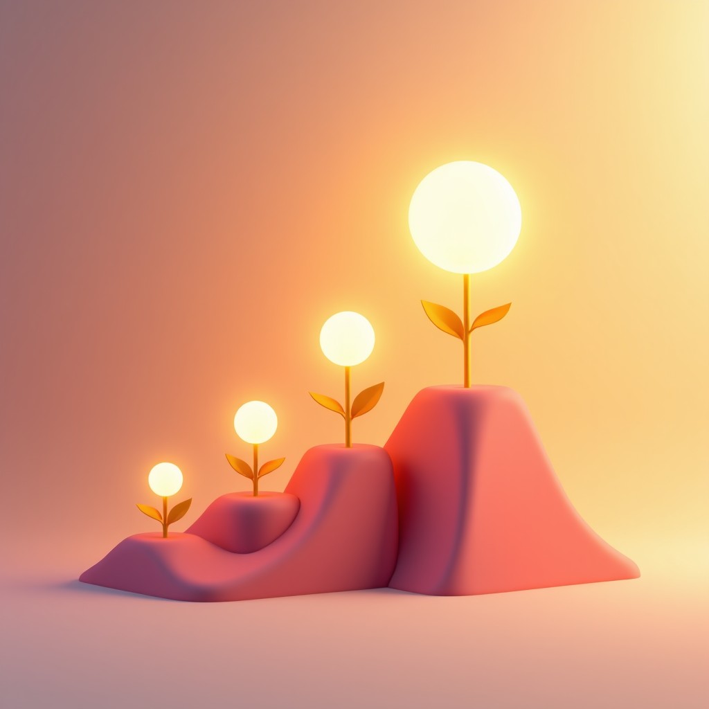 Artistic representation of creative growth with digital icons floating around, soft warm glow, high resolution, minimalist composition, 4:3 aspect ratio.