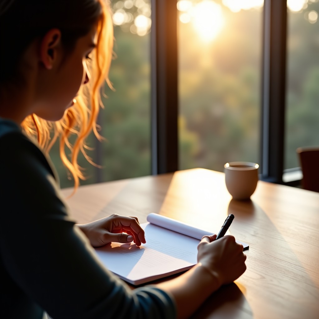 A realistic lifestyle photography of a person sitting at a wooden table with a notebook and pen, preparing to write down health symptoms, soft warm morning light, cinematic depth of field, 4:3 aspect ratio.