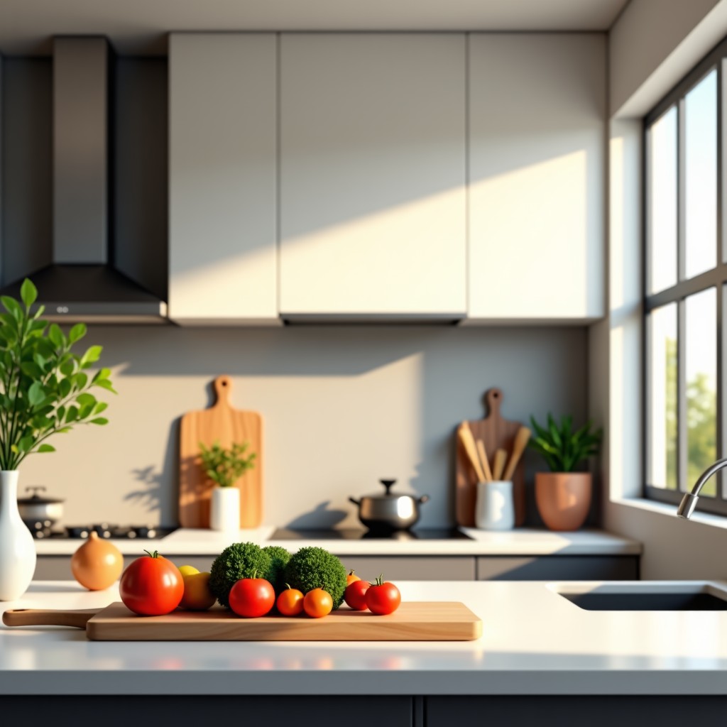 A well-equipped modern kitchen in a holiday home with fresh ingredients on the counter, bright and airy, realistic photography, 4:3