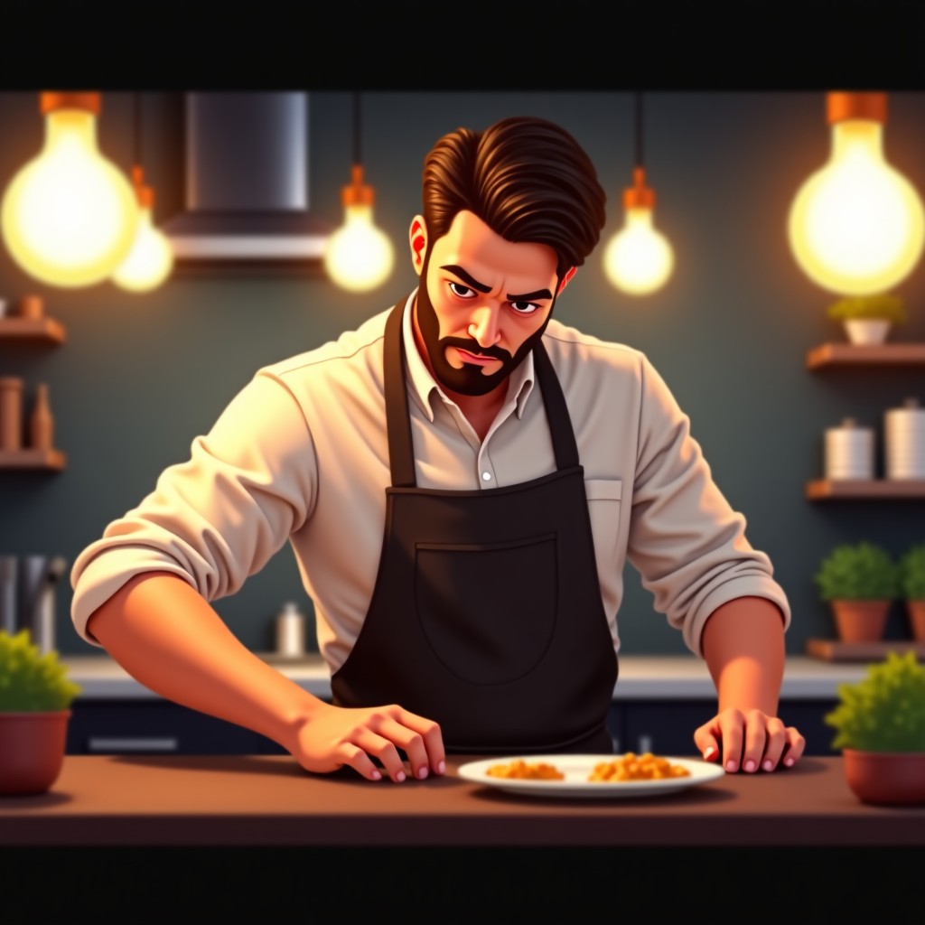 A focused man working in a professional kitchen, wearing an apron, warm and busy atmosphere, realistic, 4:3