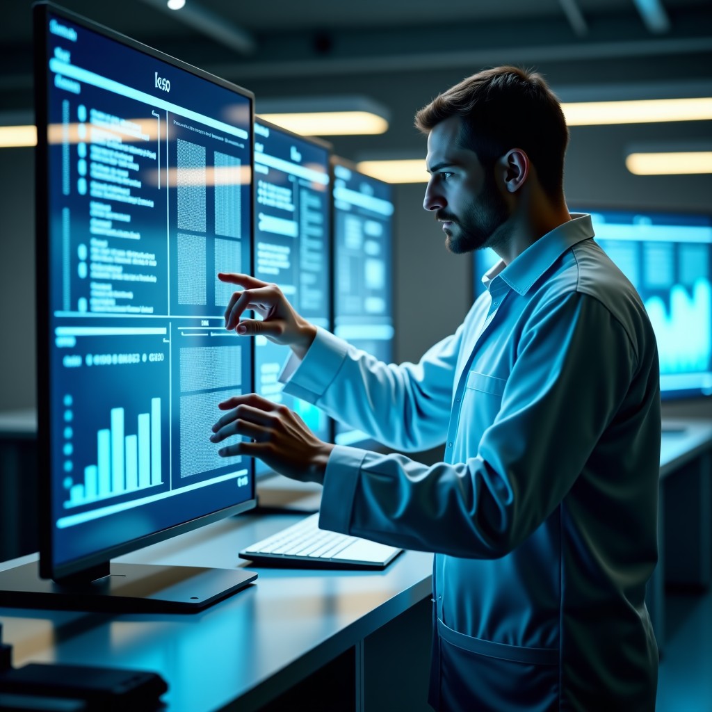 A high-tech laboratory environment where a human expert is interacting with a holographic interface, carefully adjusting data points and sorting complex information, realistic style, warm natural lighting, professional atmosphere, 4:3 aspect ratio