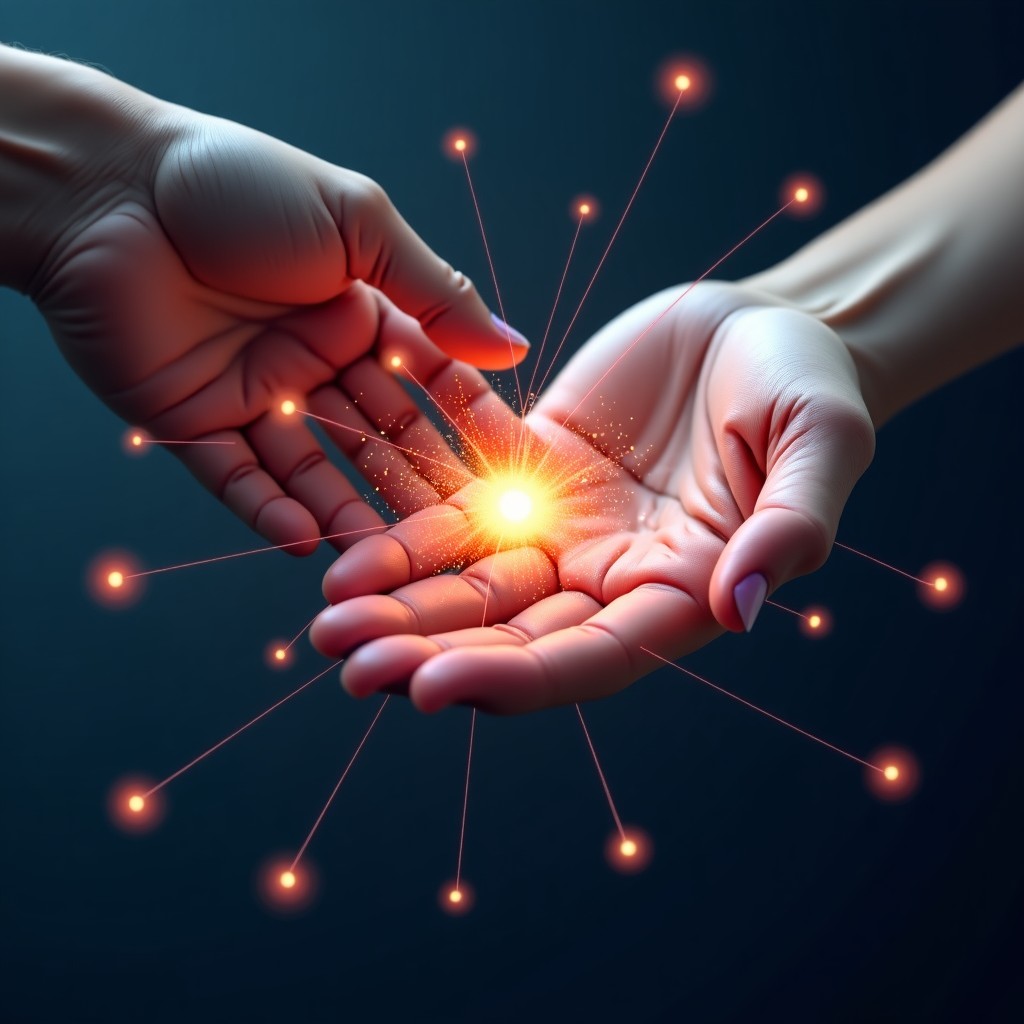 A visual representation of a machine learning neural network being refined by human touch, glowing particles connecting to a central core, abstract digital art, clean background, focus on the interaction, high-resolution, 4:3 aspect ratio