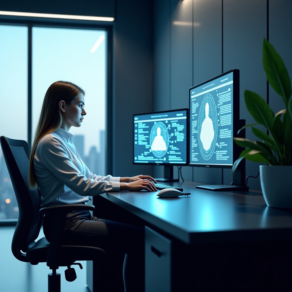 A futuristic workstation showing a seamless integration of human intuition and artificial intelligence, showing a blend of organic and digital elements, soft balanced lighting, professional and clean composition, 4:3 aspect ratio