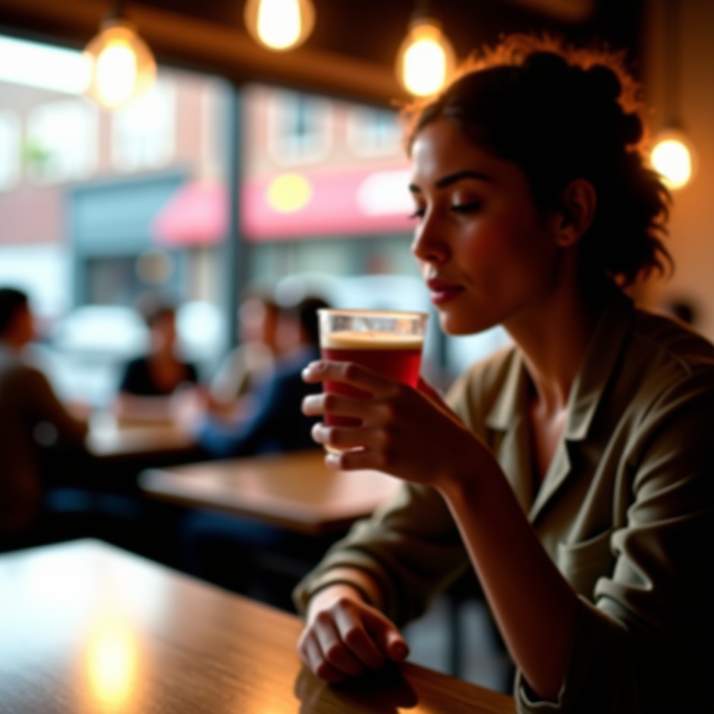A close up of a person enjoying a aesthetic drink in a stylish urban cafe, natural lighting, bokeh background, elegant composition, 4:3 aspect ratio.
