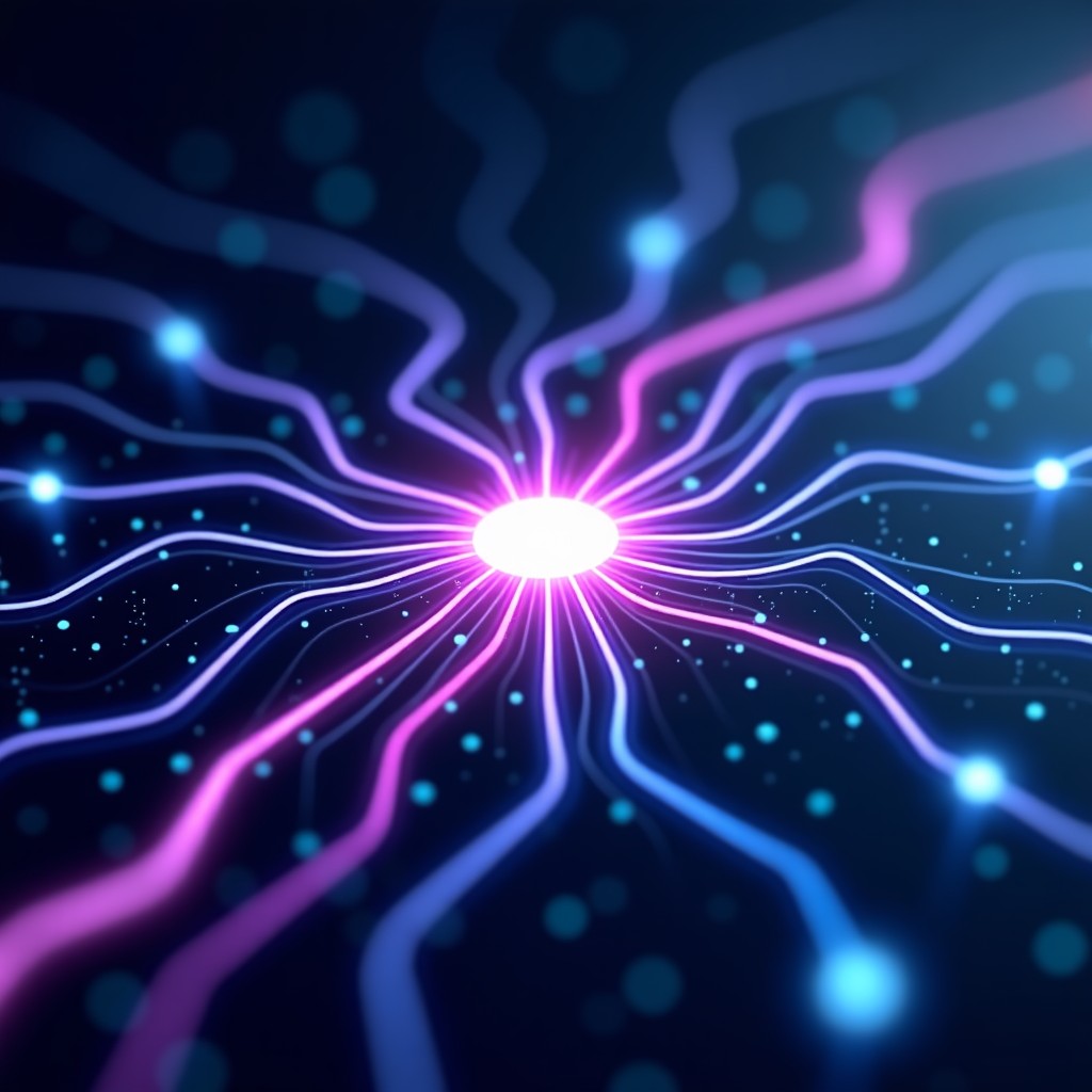 A professional conceptual shot showing a digital flow of information moving towards a central glowing core representing an AI engine, dark background with neon blue and purple data lines, 4:3 aspect ratio