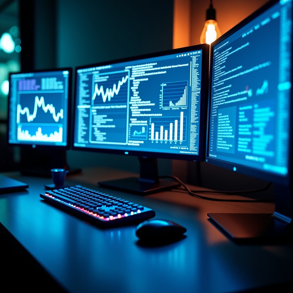 A high-tech digital workspace showing multiple monitors with data charts and code, modern office environment, professional atmosphere, wide angle, 4:3 aspect ratio