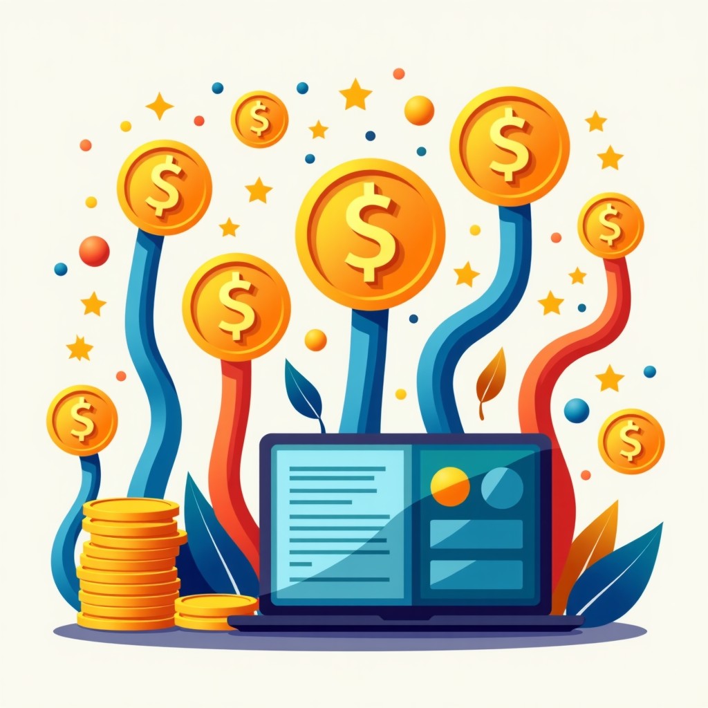 Conceptual art showing multiple income streams flowing into one bank account, vibrant and organized, digital illustration, 4:3